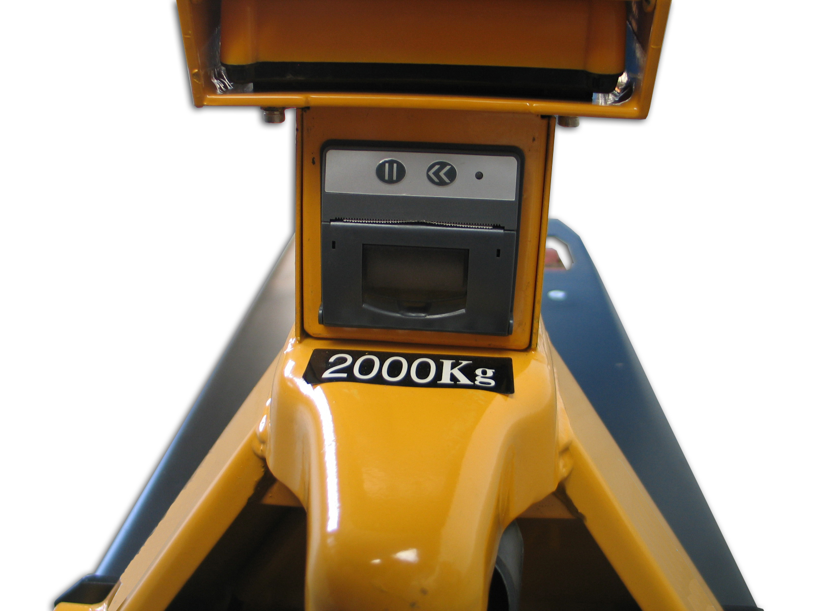 Gelber Wiegehubwagen mit Drucker, Bedienelement Drucker